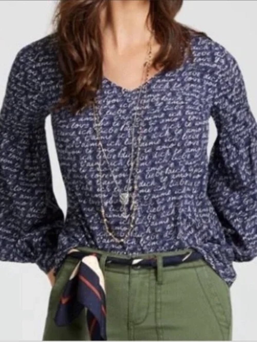 CAbi Navy Script-Print V-Neck Blouse